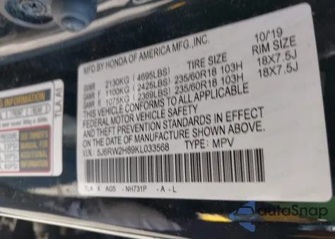 2019 Honda Cr-V Ex-L z USA, uszkodzony, nr VIN 5J6RW2H89KL033568